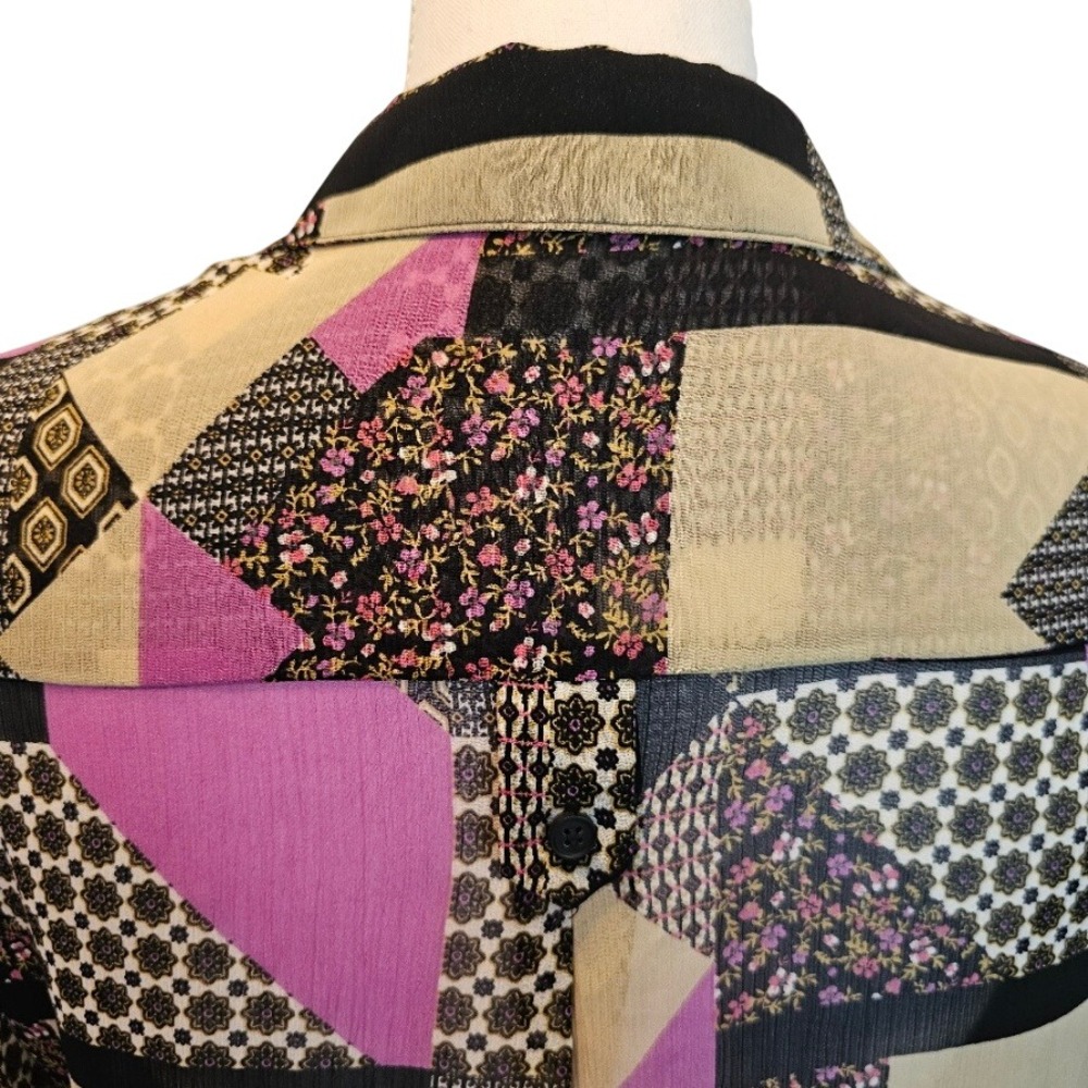 Pleione Sheer Patchwork Print Button-Up Blouse | … - image 7